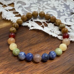 Handmade crystal bracelet // wood Jasper & chakra beads // 8” large wrist